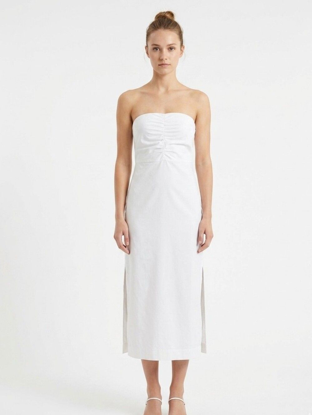 Express Vintage White Lined Bodice Structured Strapless Midi Sheath Dress Small
